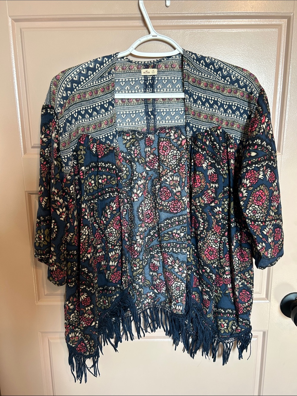 Hollister Navy Floral Fringe Open-Front Tunic